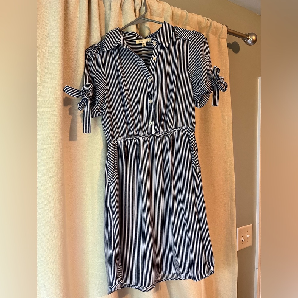 Monteau Navy and White Striped Shirt Dress